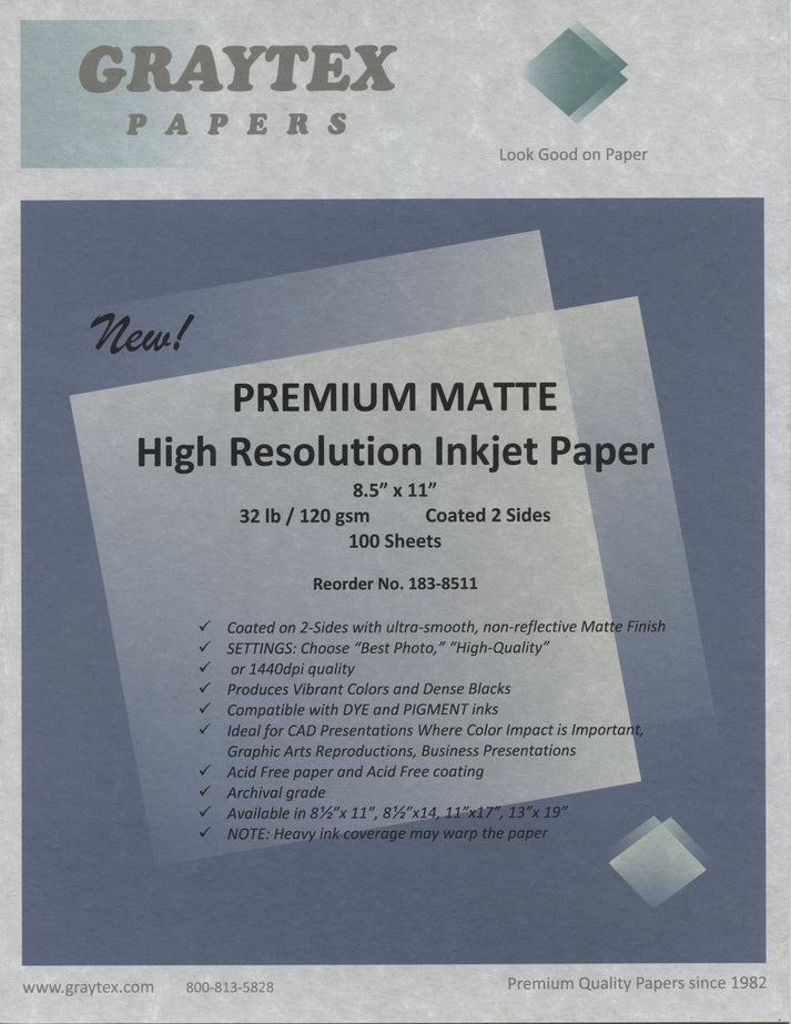 Premium Matte Inkjet 2-sided - 183 - 32lb – Graytex Papers LLC